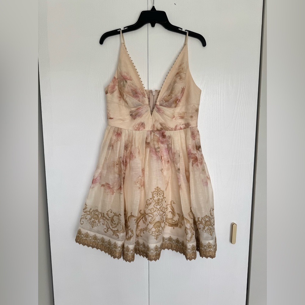 Final Zimmermann Hypnotic Plunge Neck Linen Silk Minidress Cream Peony AU3 US10 - Picture 6 of 16
